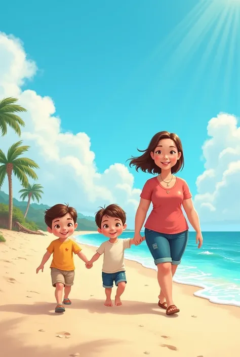  cartoon . Family with short haired mother , Half-fat dad, only two fair-skinned, brown-haired boys. walking on the beach