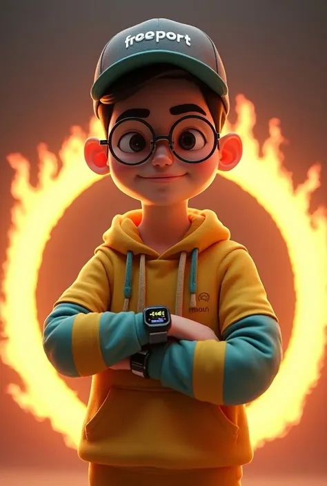 "A teenage boy in a 3D animation style with a confident expression, wearing a golden and aquamarine hoodie and a baseball cap with the text freeport 3D He has large round glasses and a futuristic digital watch on his left wrist. A glowing ring of fire surr...