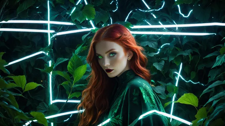 A mesmerizing surreal portrait of a woman with fiery red hair, partially concealed by large, vibrant green leaves that harmoniously blend with her skin. Her intense, sinister expression is accompanied by a playful smile, showcasing her sharp white teeth an...