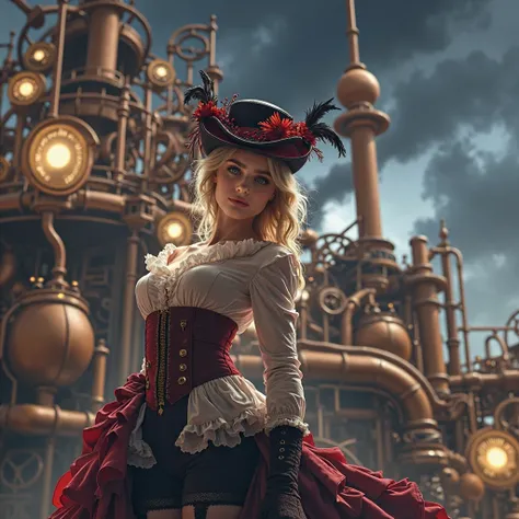 (masterpiece:1.2,  best quality),  Advanced images like the picture , Very realistic, Beautiful photos , full body shot, (  natural light), Full body view of a very beautiful blonde girl,,  19th century Victorian antique costume with many gears combined, W...