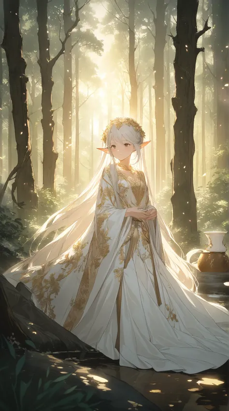 1 girl, ( cute face), Archer,  long hair, to many hairstyle, (Elf Ears:1.2),  small breasts, Luxurious Robes, Gold embroidery, delicate beaded accessories,crossbow,  Pottery skin , break,  Mysterious Forest, ( soft light :1.3),  Fantastic atmosphere , brea...