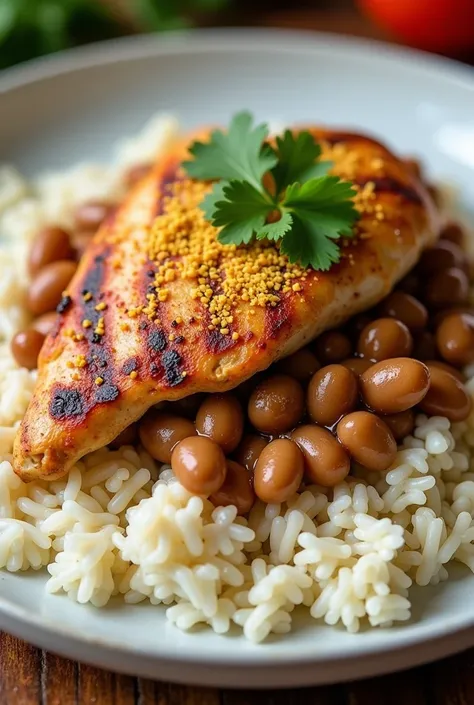  dish made with white rice, Carioca beans ,  chicken fillet and farofa  