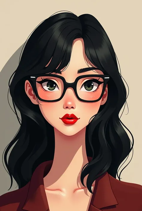 Animation: thin woman with semi-wavy black hair, lenses and red lips
