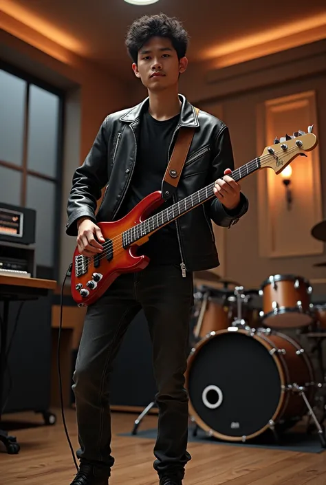 Indonesian men,25 years old, short curly hair,jacketed leather black jeans shoes booths stand playing bass guitar facing and looking into the camera inside the music studio. realistic focus 