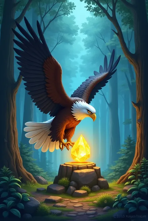 7.  The stone regains its place 

" The eagle finally retrieves the gemstone and returns it to the clearing of the forest.  When you place it back on its pedestal ,  the shine of the stone intensifies , illuminating everything around it. The animals return...