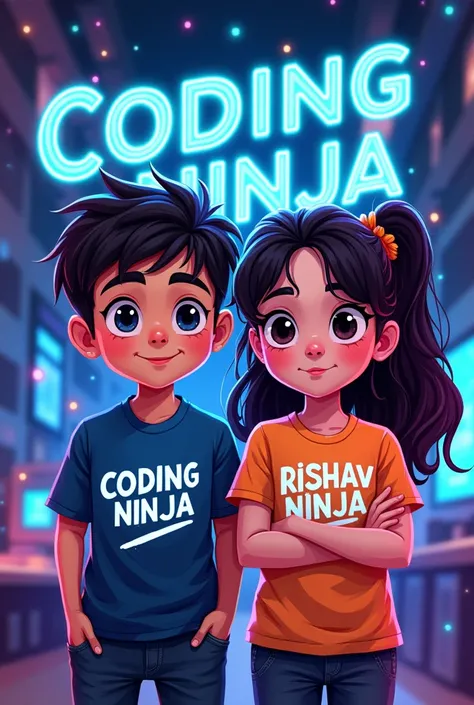 The  boy and Girl with name Rishav and sakshi on their shirts and downward side with bold and neon show Coding Ninja