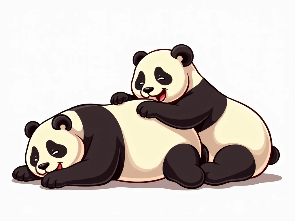 TWO PANDAS IN VINTAGE CARTOON STYLE IN COLOR ,  ONE IS LYING FACE DOWN WITH THE BUTTOCKS RAISED , THEIR BUTTOCKS ARE VERY PROMINENT ,  THE OTHER PANDA HAS ITS EARS RECEDING ON THE BUTTOCKS OF THE OTHER PANDA AND LOOKS TOWARDS THE CAMERA LAUGHING ON A WHITE...