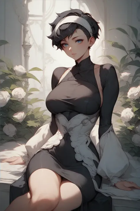  1woman, blue eyes, short black pixie style hair, black dress, white headband,Black hair,Anime style,  White long sleeve , sitting ,curvy body,zoom on the face