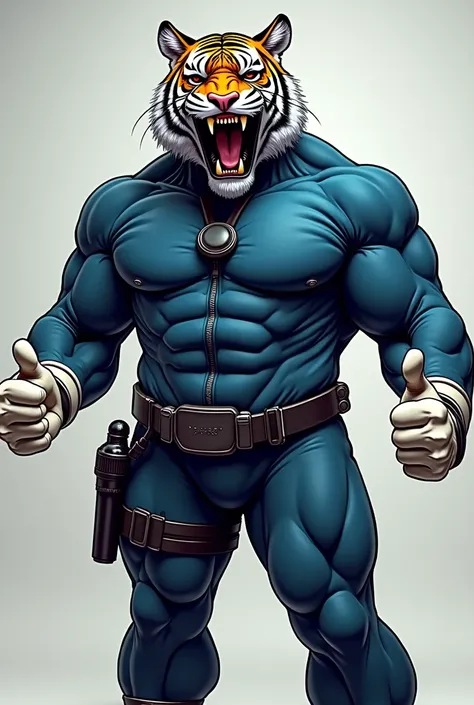 (A rugged beefy very muscular bulky chubby old man), (wearing blue zipper wetsuit), (wearing realistic roaring tiger mask), thumbs up pose, wearing bulky scuba gear, wearing rebreather, muscular physique, toned muscles, fierce, heroic, action, comic artsty...