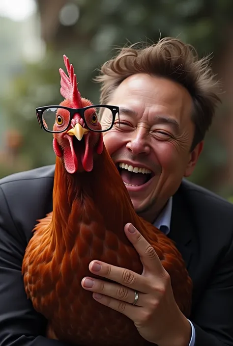 Laughing Elon Musk holding a red chicken wearing glasses