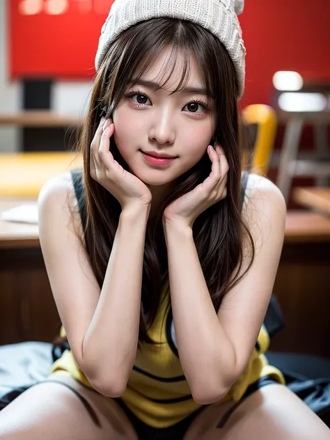 (8k,  RAW Photos,  best quality, masterpiece,  very detailed :1.2) (Realistic, photo-Realistic:1.4)  sharp concentration,  Blurry Background ,  Movie-like , Soft light (the above:1.2) BREAK so cute ,  1 Japanese idol, 20 years old , very detailed  brown pe...