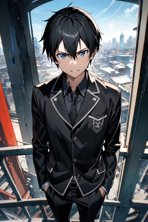 masterpiece, 最 High Quality , 8k, ((1 male, Alone, male focus, confident,)),  Big City Colourful, Sophisticated, and Beautiful High School Rooftop, 最 High Quality , Kirito,  Japanese Anime Style Cool Guy ,  Sword Art Online ,Black school uniform（Black Coll...