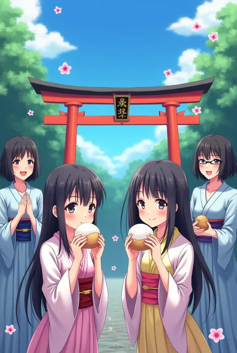 2 girls eating anime-style rice balls, all women with short black hair smiling while watching them, kimono background, blue sky, forest butterfly々 torii