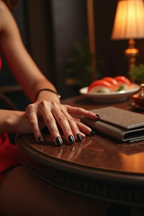  Brazilian womans hands ,  black-painted nails , Sushi table ,  in a luxurious lounge ,  an exotic drink  ,  and a cluth bag on the table