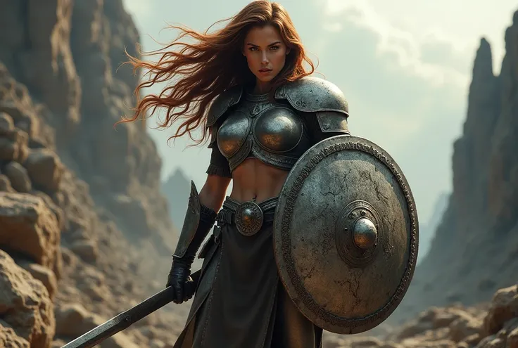 Brunette Female warrior with a Big shield