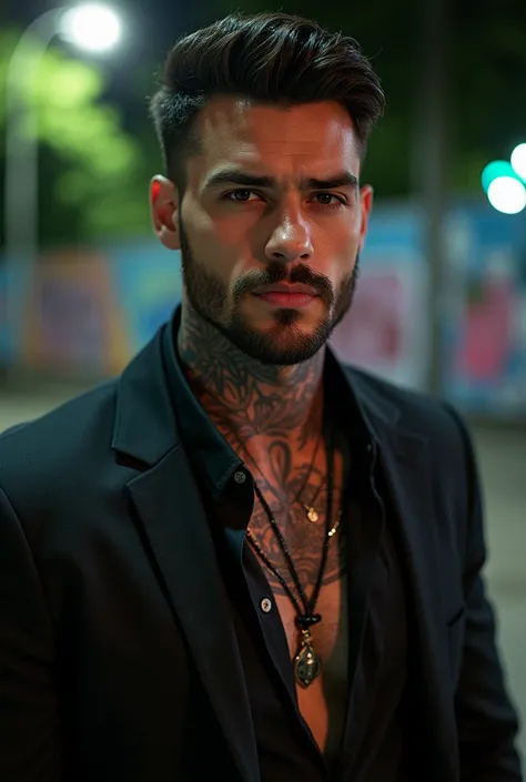 A handsome and attractive 28 year old American man flirty expression neck tattoo brown eyes decade 2022. He is in a  park at night walls with graffiti. mustache and beard