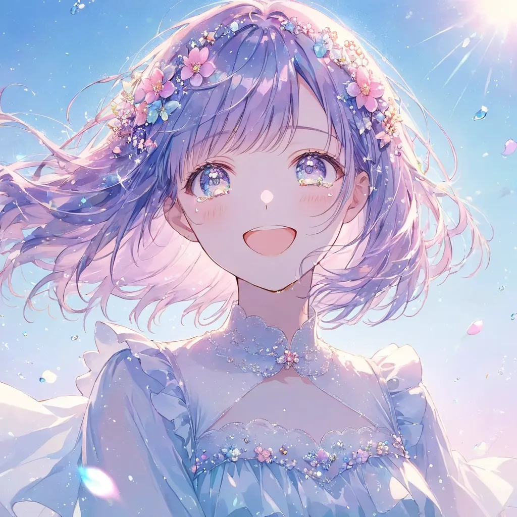 ((pastel、  watercolor style 、 glitter ))、1 female,flower hair ornaments,face,tears ,turn around and look this way ,laughter,happ...