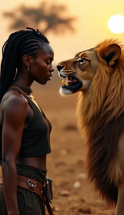  A scene of intense and emotional confrontation , onde uma mulher negra e umand silent estão lado a lado,  facing with fierce determination . the woman,  with dark skin and braided hair ,  has an imposing and confident posture ,  her muscles are defined an...