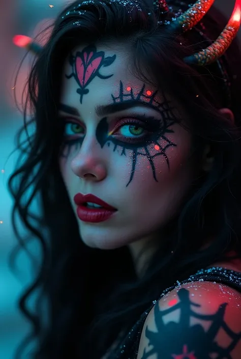 Halloween, magical beauty, neon, photorealistic, beautiful woman,  tatoo, spiderwoman, macro photography, high quality, 4k, fairy, devol, face tattoo, snow, beautiful neon particles, photorealistic, girl, in tattoo, incredibly beautiful, full-length, beaut...