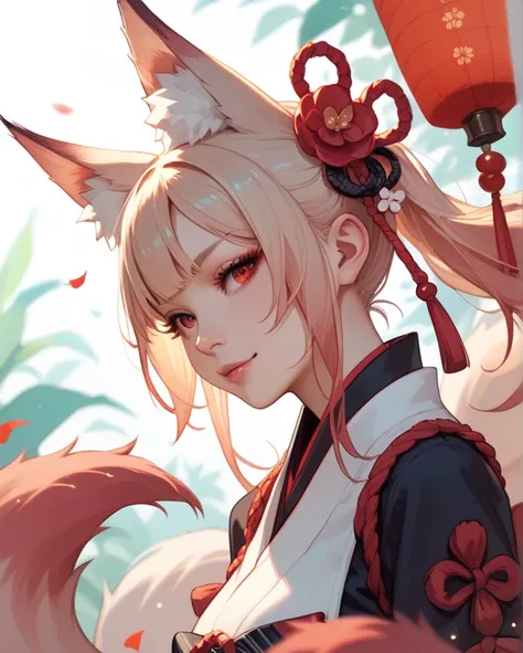  long-haired Kitsune ears and tail in black with purple tips,  red eyes , Kitsune 