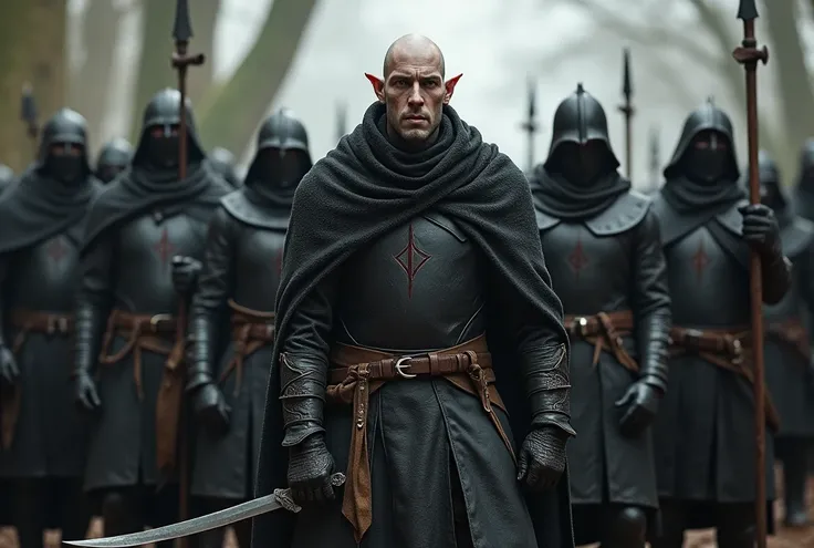 Small group of mercenaries with one man leading them
They wear medieval black leather armor
Rpg
The leader is at the center of the group
He seems experienced and skilled
Medieval scenery
The leader is an albino pointed-eared elf, Your hair is short and bla...