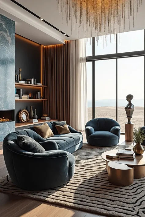 (black walls:3) (black wood flooring:3), esquisite living room with curvy  sofa, abstract sculptures, ornamental flowers, exotic furry blue armchairs, black and white stripped coffee table, organic carpet, blue marble fireplace from floor to ceiling, golde...