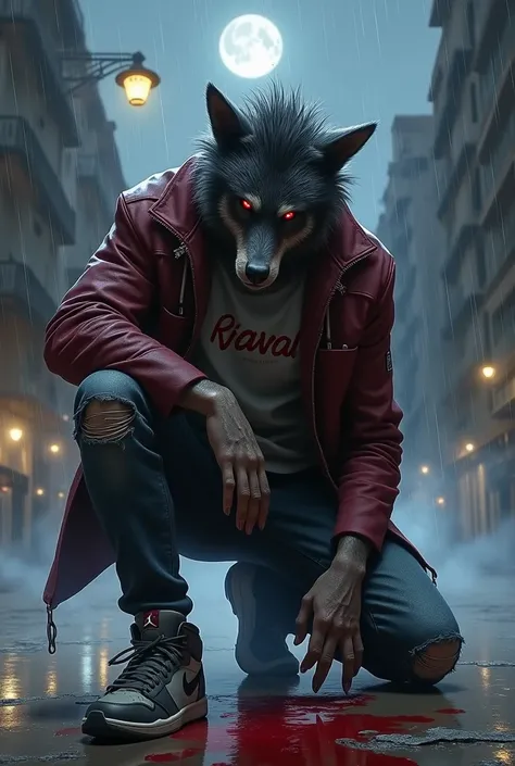 Werewolf, human, Pelo Tupé, Burgundy jacket , red eyes,  gray t-shirt with the word Raval written, Ripped jeans,  gray Nike Air Jordan sneakers ,  kneeling , torn clothes,  smoke-cracked floor ,  its raining,  city of Barcelona , streetlights illuminating ...