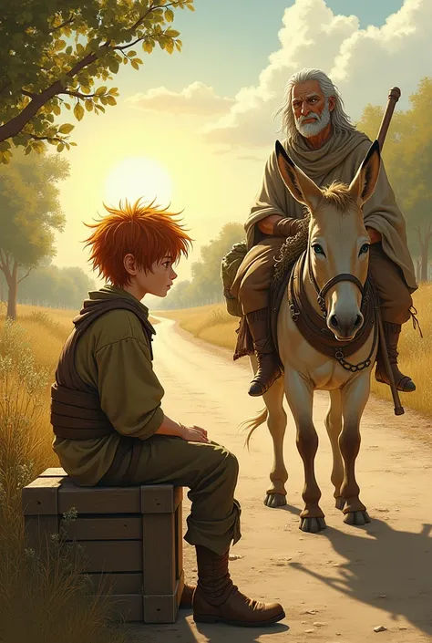 A detailed scene featuring Kvothe, Abenthy, and a donkey on a quiet, sunlit afternoon along a dusty road. Kvothe, a young boy with wild, fiery red hair, sits on a worn wooden crate, his bright green eyes focused on the horizon. His pale face is sharp, with...