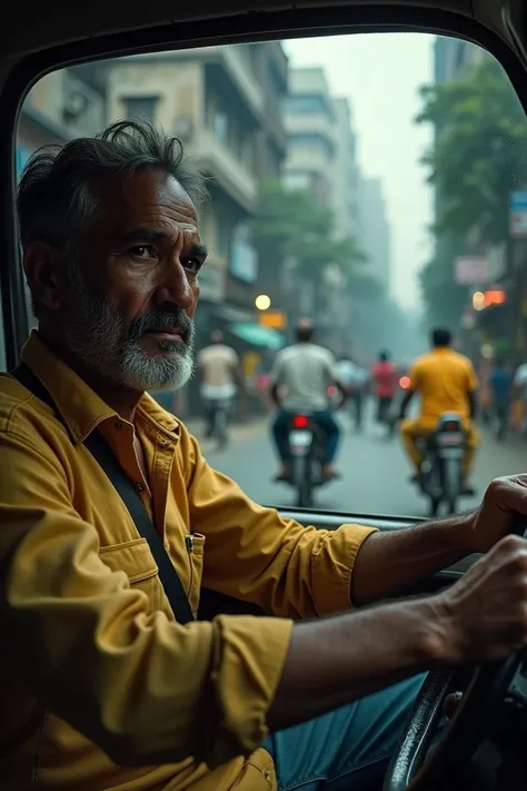 Man driving a taxi on Kolkata street

Muted Color Palette: The color grading is predominantly desaturated with cool tones (yellow, green, black), creating a cold, dramatic atmosphere. Theres minimal contrast with subtle highlights, enhancing a raw, moody a...