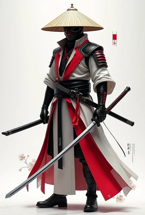 A samurai tech 
Red White gray colors
Male
Using a katana
With a straw hat