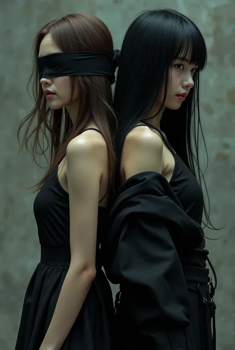 Beautiful blind brown Asian girl with a black bandage covering her elegantly dressed eyes back to back with a taller gang girl with black hair and bangs