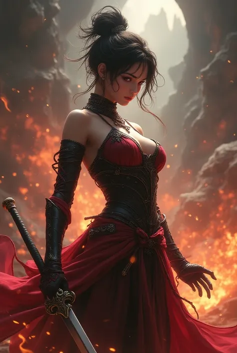 (8k,  best quality, masterpiece,  Final Fantasy Style : 1.2), (Realistic, photoRealistic: 1.37), Super detailed,  one girl , {Demon Warrior with Light }, Wide viewing angle ,  big and bouncing bust  , Very delicate depiction ,  MINIATURE PAINTING ,  detail...