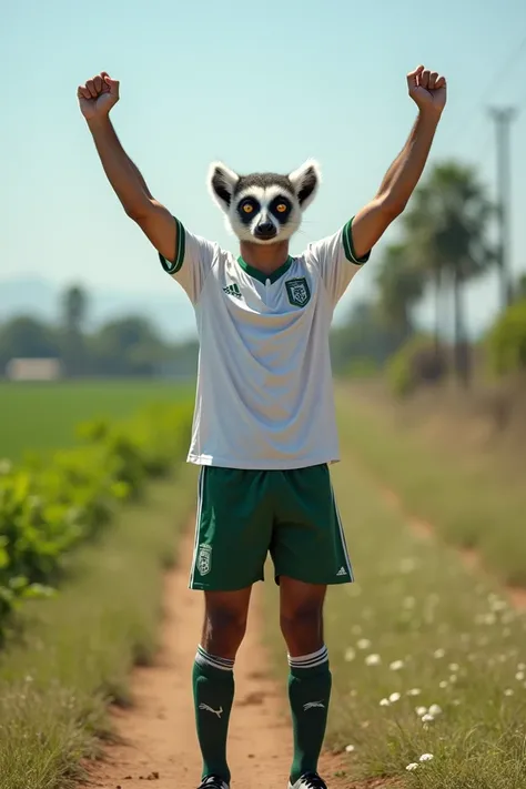 " A photograph of a young man playing soccer on a field Earth ,  dressed in a simple player costume ,  inspired by the style of Iran Ferreira ,  known as Masons Glove . He is in a commemorative pose ,  with his arms raised in victory .  Instead of his huma...