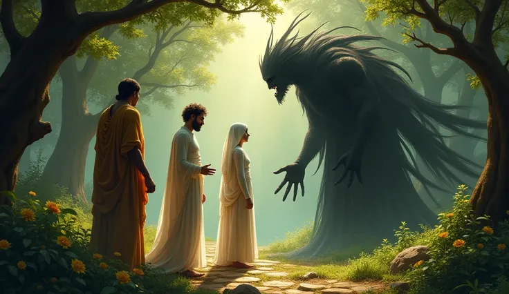 “capture the moment of temptation as iblis, in the form of a whispering shadow, approaches adam (man) and hawa (woman) in the perfect paradise. he subtly encourages them to approach the forbidden tree, his presence dark and deceitful against the light of