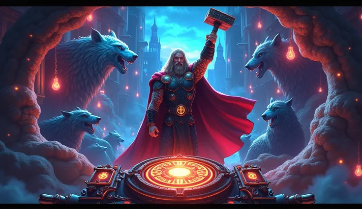  The image presents a slot machine immersed in a bright and colorful fog ,  filled with pulsating neon lights that create a vibrant atmosphere .  The background of the screen is epic scene where Thor ,  the Norse god of thunder , You are betting on a ,  Th...