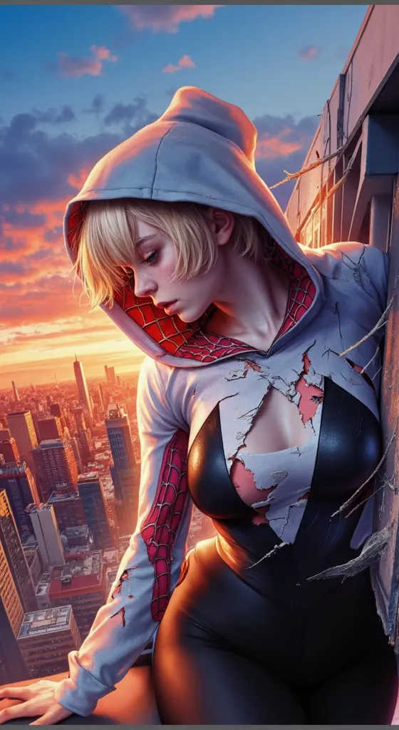 a promotional movie still, poster for the marvel movie 'spider-man: home turf,' featuring emma myer as spider-gwen, acrobatic po...