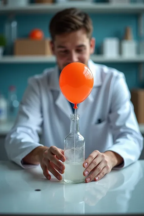 I have to take a picture of myself doing an experiment with a glass bottle with a balloon that inflates with bicarbonate and vinegar gases as realistic as possible 