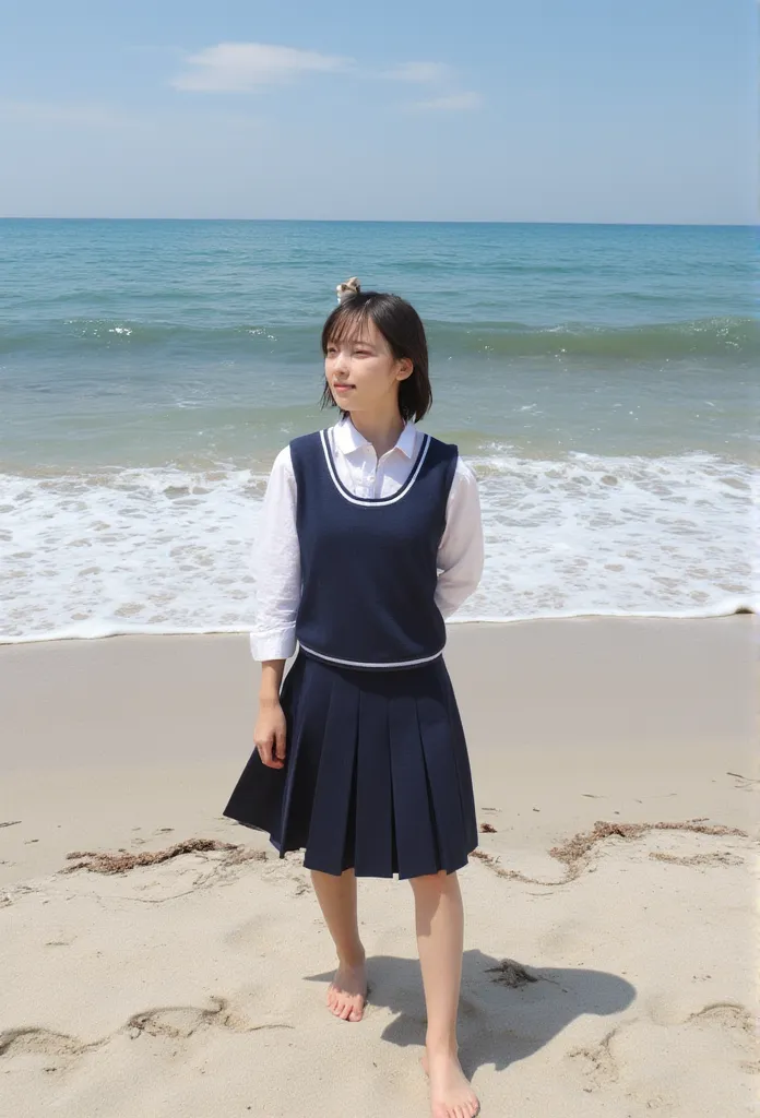 (((sunny day、japanese 、 beach 、 strong wind is blowing 、 her hair and skirt are fluttering、squat,   scoop up seawater and spread...