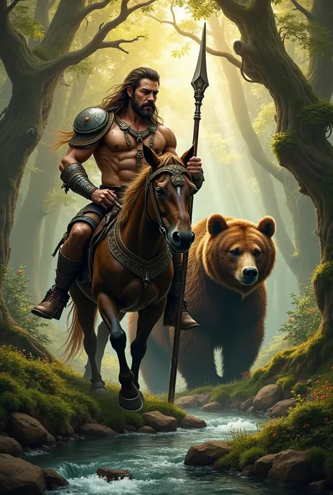 " Visualize a centaur with muscular human torso and body of a sturdy horse , holding an ornate spear and wearing leather armor with tribal details. by your side,  a majestic bear with thick and dark brown fur ,  exhibiting penetrating eyes and a protective...