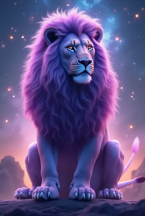 beautiful male lion, majestic posture, purple fur, cosmic patterns, starry mane, glowing highlights, celestial theme, vibrant galaxy, ethereal glow, cosmic dust, majestic atmosphere, sharp claws, detailed fur, shining eyes, piercing gaze, cosmic swirls, gl...