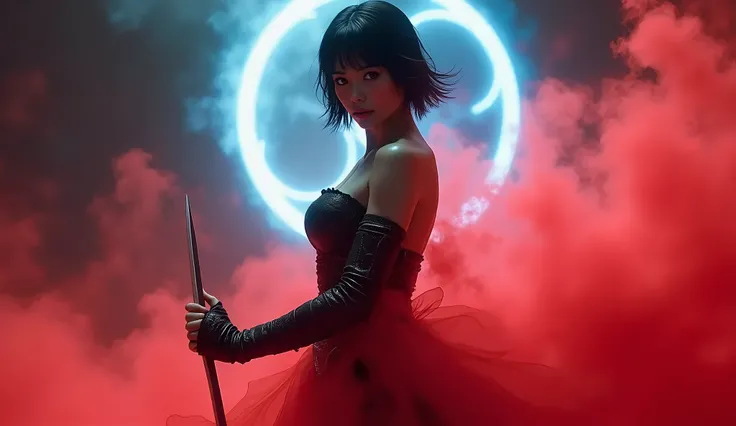 A beautiful russian girl, stance fight, martial arts movements, body surrounded by red mist, blue alchemy symbol in the background, holding a dagger in his mouth,holographic reality, holographic halo, motion blur, game light effects, edge light, soft light...