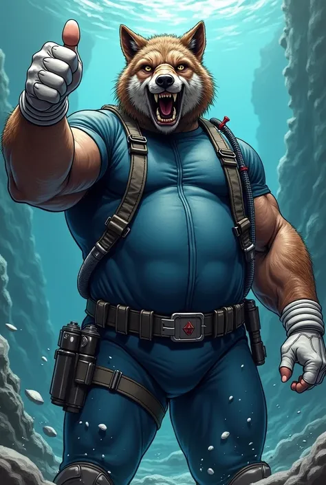 (A rugged beefy very muscular bulky chubby old man), (wearing blue wetsuit), (wearing realistic roaring wolf mask), thumbs up pose, wearing bulky scuba gear, wearing rebreather, muscular physique, toned muscles, fierce, heroic, action, comic artstyle, bulk...