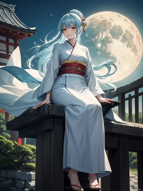 a woman,  Long light blue hair and at the roots to a s yellow at the tips, red eyes, subtle smile,  a woman sitting on a bridge with the full moon in the background , Japanese art style , palace ， a girl in hanfu,  flowing magic robe , Beautiful character ...