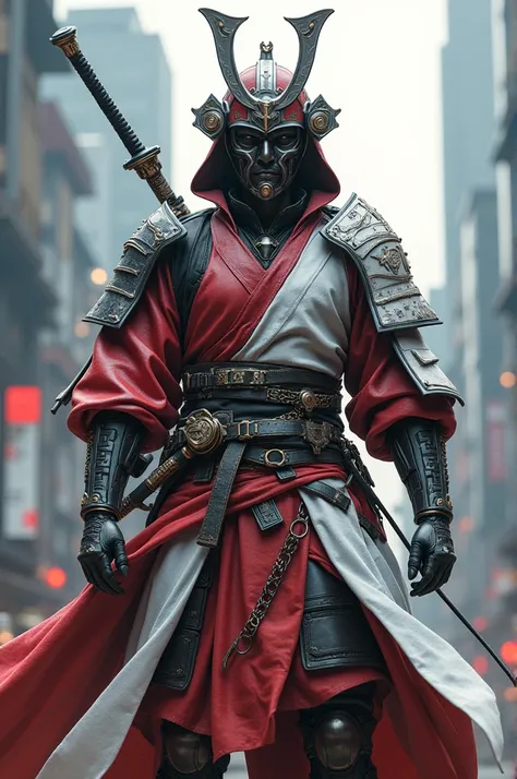 A tech samurai
Red White gray colors 
Male 
Using a katana
Samuarai mask