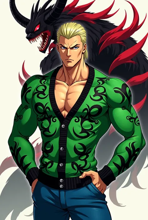 A Jojo character with low tape style blond hair ,  quite muscular with blue eyes and wearing a green Kawasaki motorcycle cardigan on top ,  with blue pants and a horned devil stand with black red colors on the back. But let his cardigan have Kawasaki green...