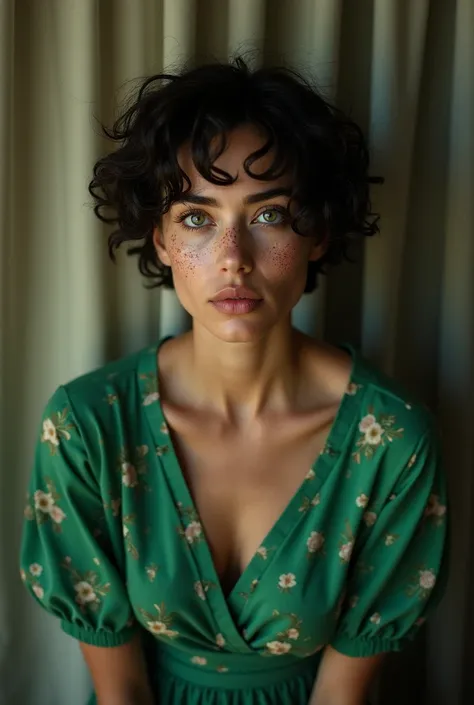 33-year-old woman, curtain,  short curly hair, gorda, dark green eyes,  scabies on her face , big eyelashes,  thick eyebrows ,  black hair. Floral green dress with neckline