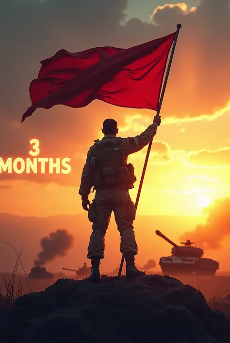 "Design a powerful and motivational military-themed wallpaper. The image features a soldier in full military cloth standing on a hilltop at sunrise, proudly holding the flag waving in the wind. On the left side, glowing text that reads 3 Months is seamless...