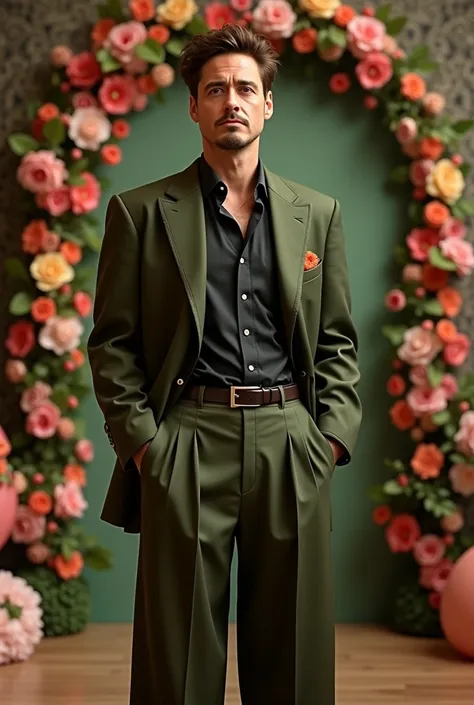  Robert Downey Junior wearing a dark olive dress shirt,  wearing very wide and loose dark olive dress pants , very spacious pants , balloon type ,  with a dress belt and with Calvin Klein briefs showing her pants, with a dark olive green blazer , with a fl...