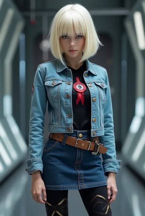  A futuristic cosplay of Android 18 of Dragon Ball Z :  light blue denim jacket with visible seams and circuit details,  black top fitted with the Red Ribbon Army logo , dark blue denim skirt ,  black leggings with geometric design ,  brown boots with meta...