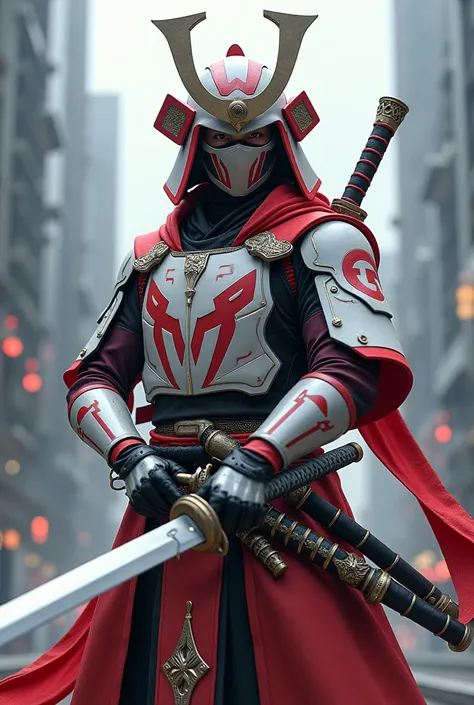 A tech samurai
Red White gray colors 
Male 
Using a katana
Samuarai mask